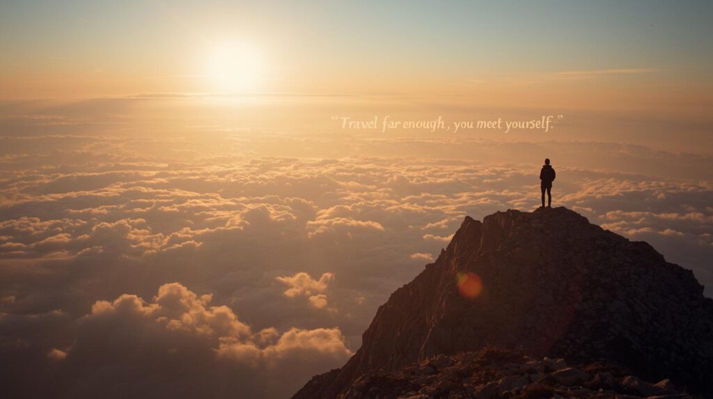 Solo traveler watching sunrise from mountain top with quote overlay  inspiring adventure and self-discovery through travel