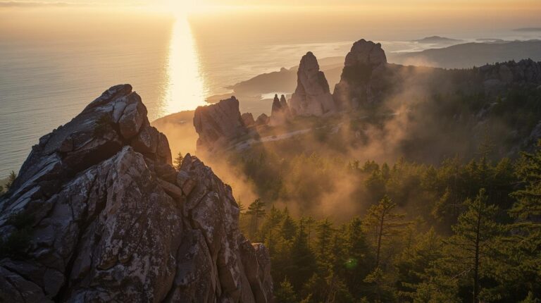 Sunrise view from Cadillac Mountain overlooking Acadia National Park with ocean, cliffs, and forest in Maine.
