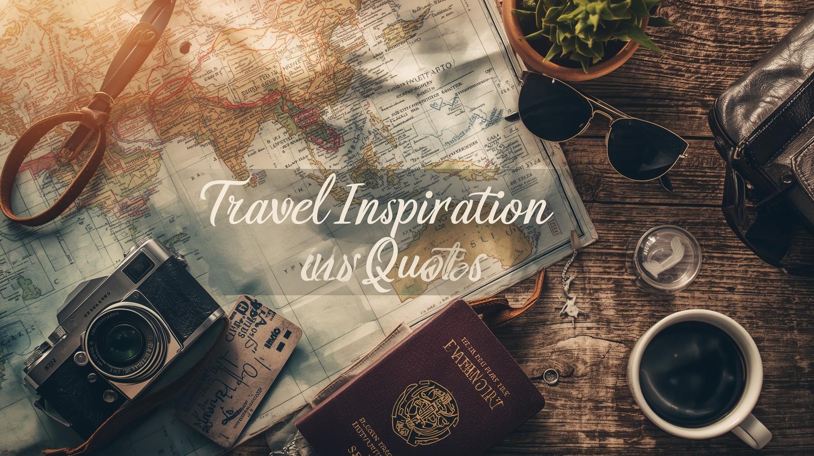 Travel inspiration quotes banner showing travel accessories like map, camera, and passport on wooden table.