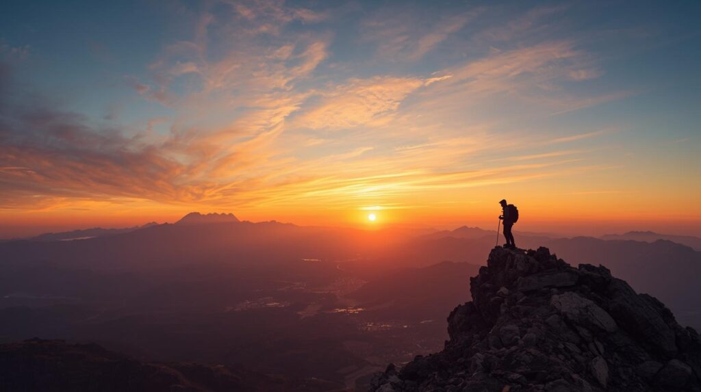 Traveler enjoying sunrise view from mountain peak symbolizing wanderlust and adventure.
