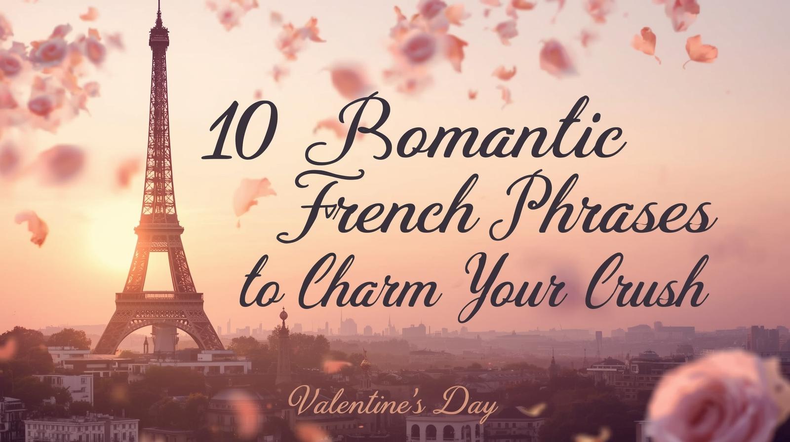 Romantic Paris scene with Eiffel Tower at sunset, rose petals, and text “10 Romantic French Phrases to Charm Your Crush” for a Valentine’s Day blog.