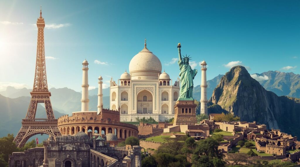 Collage of the world’s most famous landmarks including Eiffel Tower, Taj Mahal, Colosseum, Statue of Liberty, Great Wall of China, and Machu Picchu iconic travel destinations around the world.