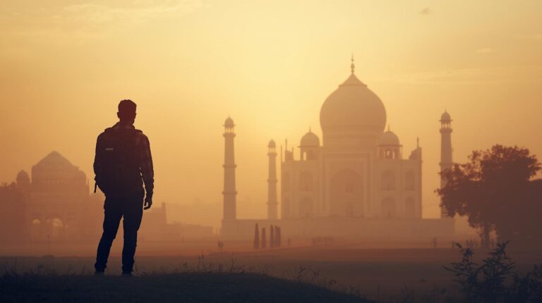 Traveler admiring the Taj Mahal at sunrise in India, representing exploration and world travel inspiration.