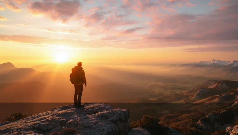 Inspirational Travel Quotes for Solo Travelers – solo adventurer standing on a cliff at sunris